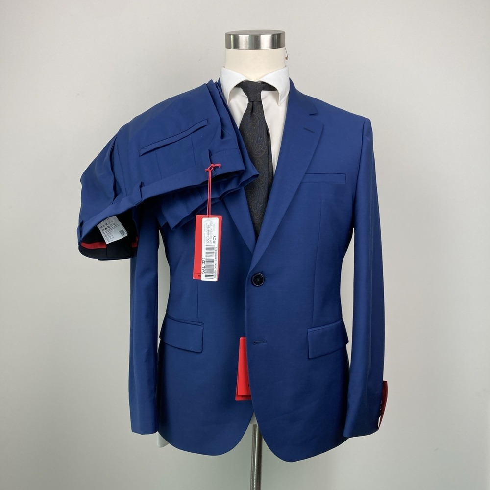 Hugo Boss Mens Modern fit 2-pc Suit Jacket Blazer 38 S Blue Solid Pants 30W